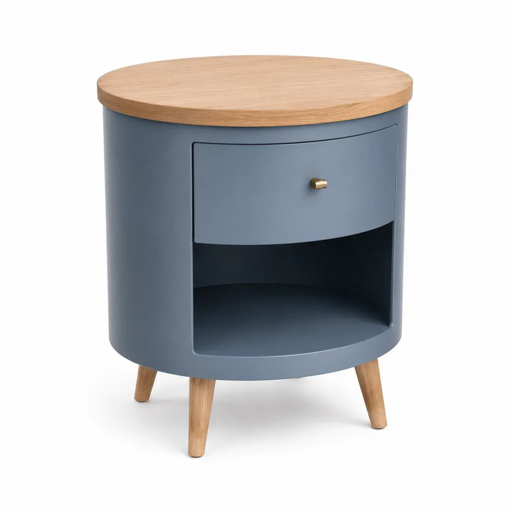 Runder Nachttisch mit Schublade und offenem Fach aus MDF und Eichenfurnier Blau Natur Ø 40 x 55 cm