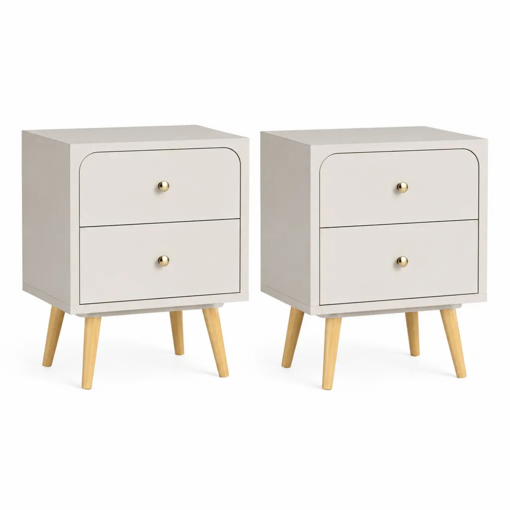 Nachttisch 2er Set mit 2 Schubladen MDF und Massivholzbeinen Weiß 40 x 35 x 60 cm