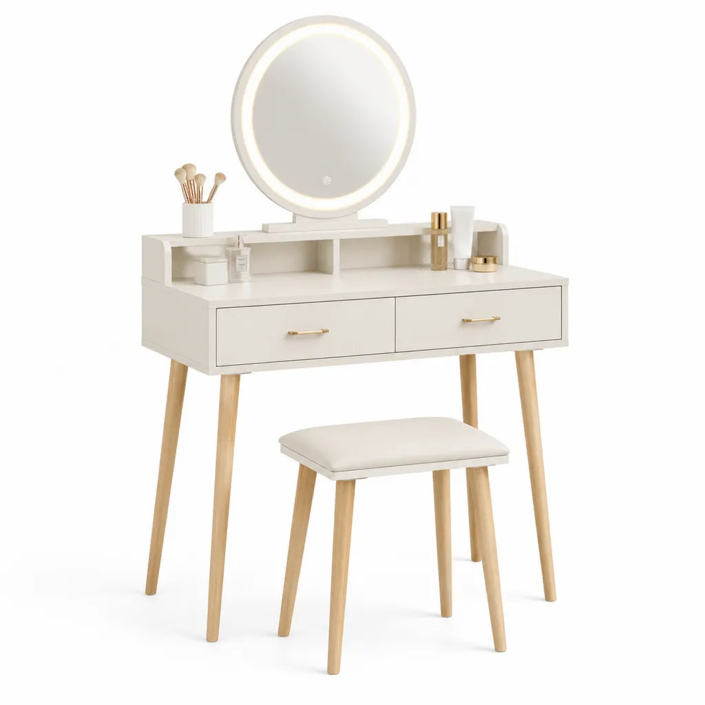 Schminktisch Set mit LED Spiegel und Hocker 100 x 40 x 140 cm MDF Gummibaumholz rechteckig Weiß Natur