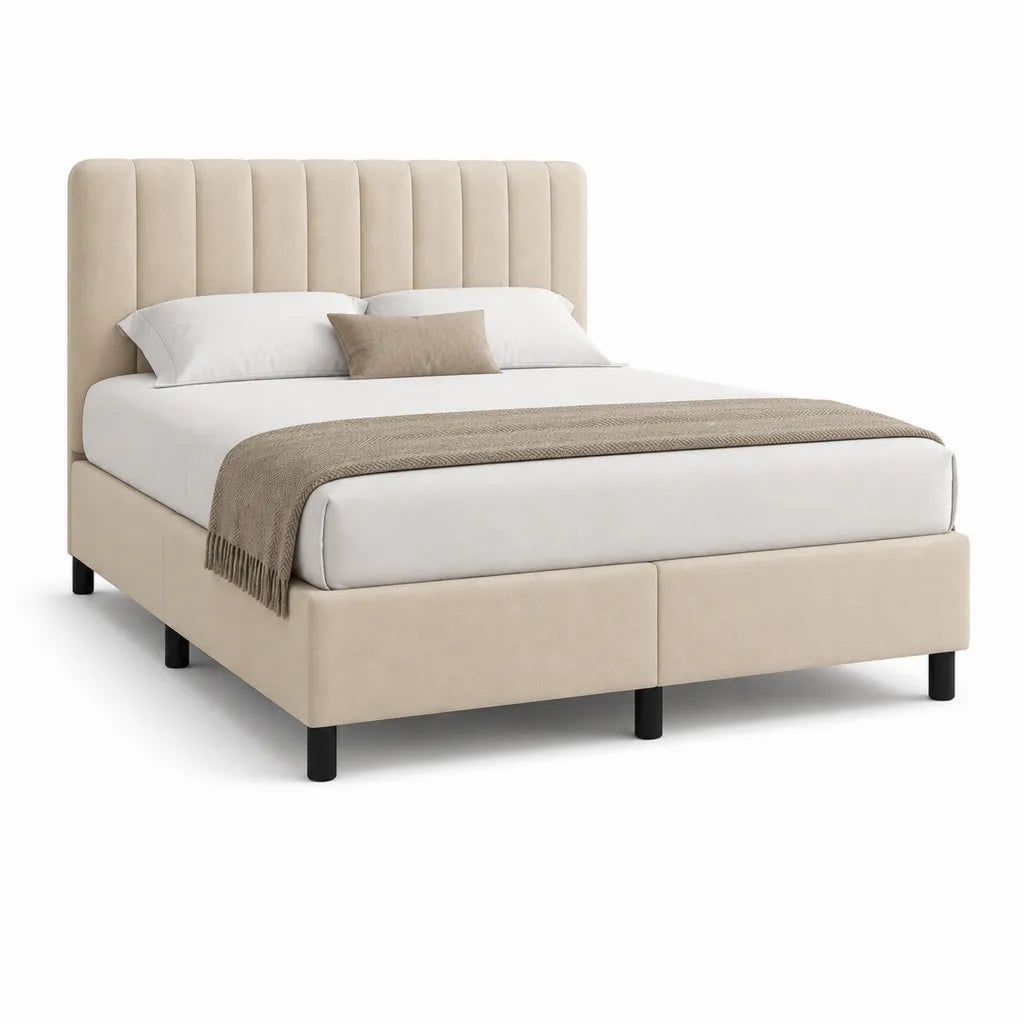 Polsterbett Doppelbett 160 x 200 cm rechteckig aus Polyester in Beige mit gepolstertem Kopfteil