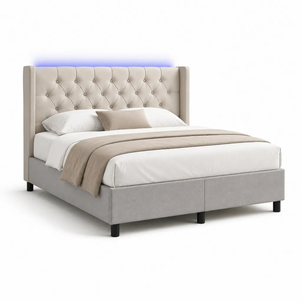 Polsterbett Doppelbett 180 x 200 cm mit gepolstertem Kopfteil aus Polyester rechteckig Beige Hellgrau