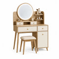 Schminktisch Set mit rundem LED-Spiegel und Hocker 100 x 45 x 145 cm MDF Eichenoptik Creme