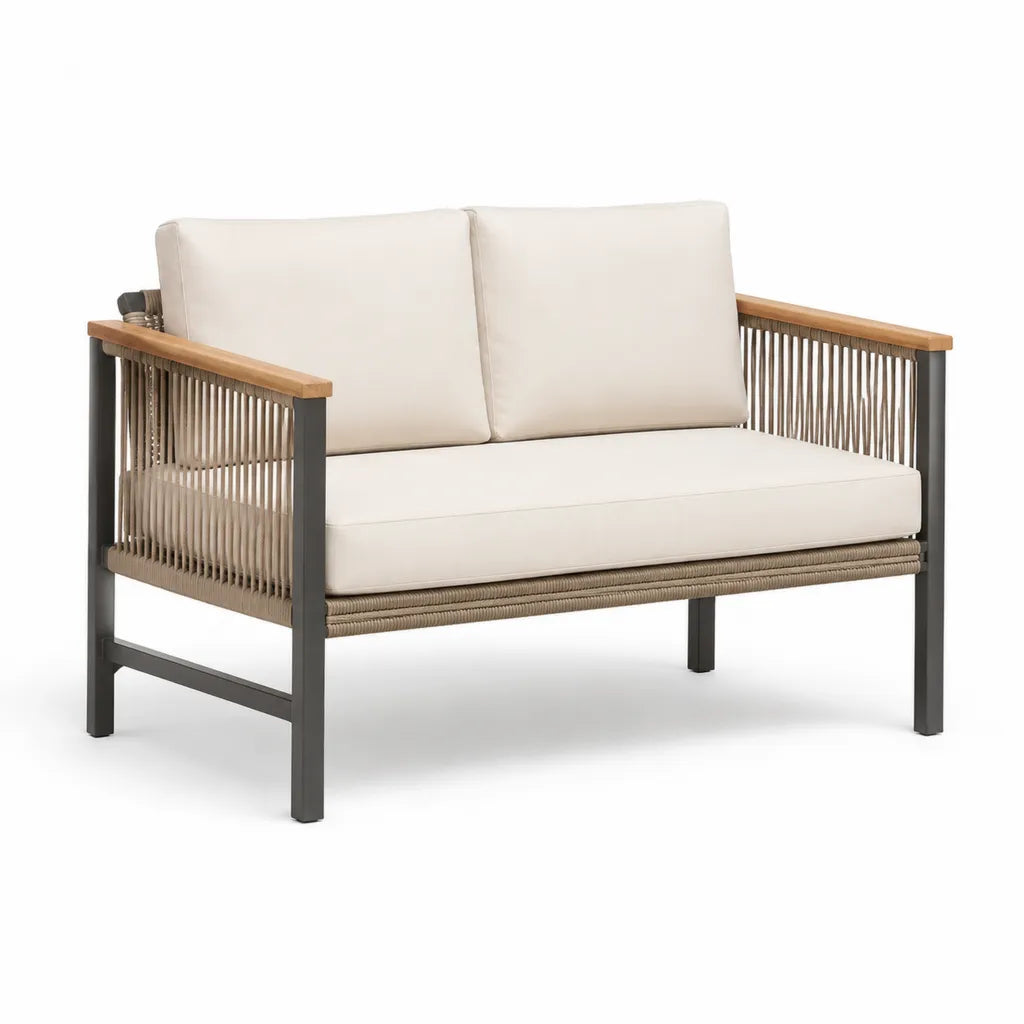 2-Sitzer Gartenbank mit Kissen aus Aluminium Polyesterseil und Massivholz rechteckig Beige 130 x 75 x 75 cm