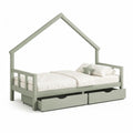 Kinderbett Hausbett 90 x 200 cm aus massivem Kiefernholz mit 2 Schubladen in Hausform Graugrün