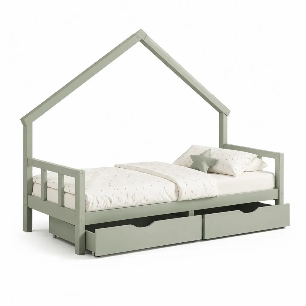 Kinderbett Hausbett 90 x 200 cm aus massivem Kiefernholz mit 2 Schubladen in Hausform Graugrün