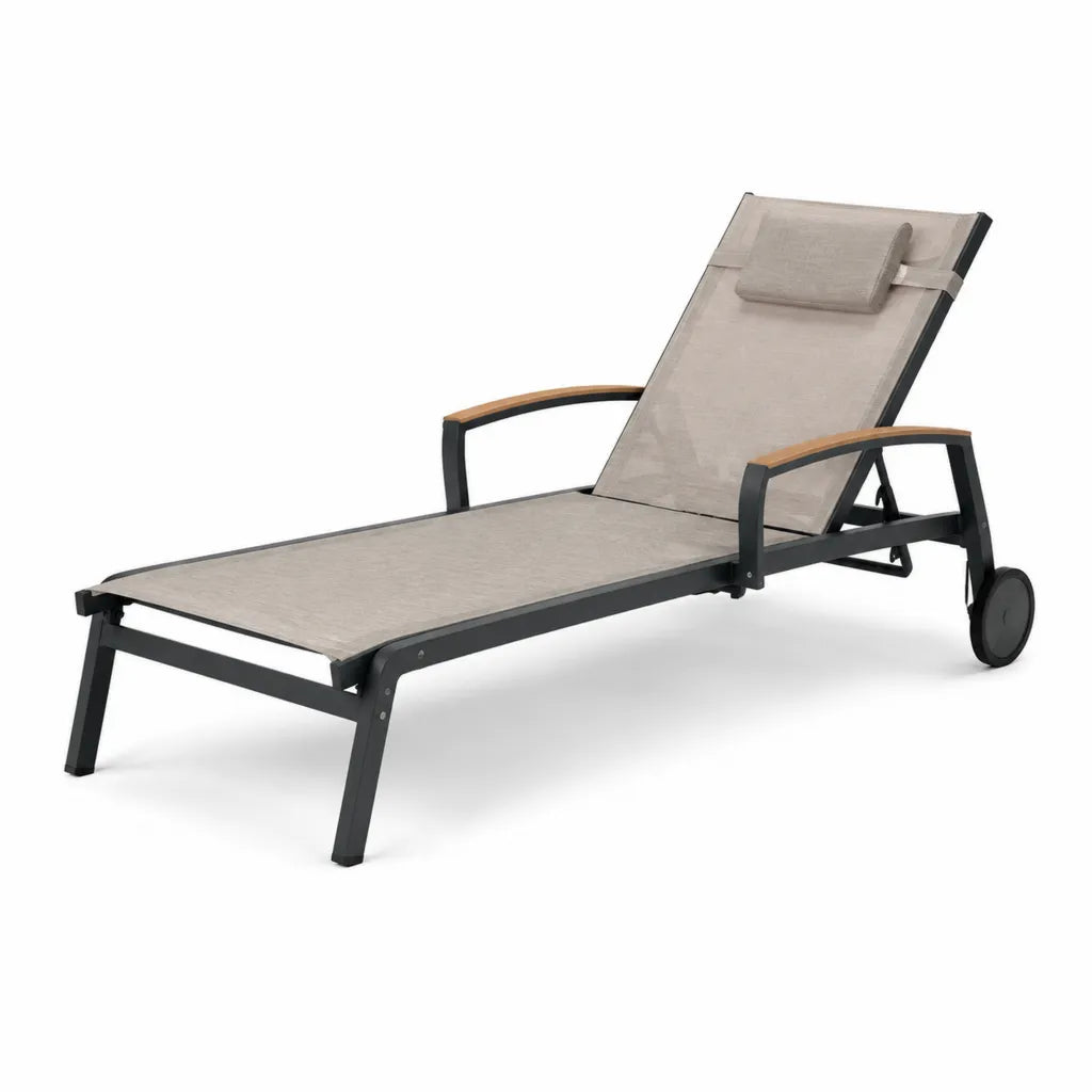 Gartenliege mit Rollen Aluminium Textilene verstellbare Rückenlehne Taupe Schwarz 200 x 65 x 35 cm