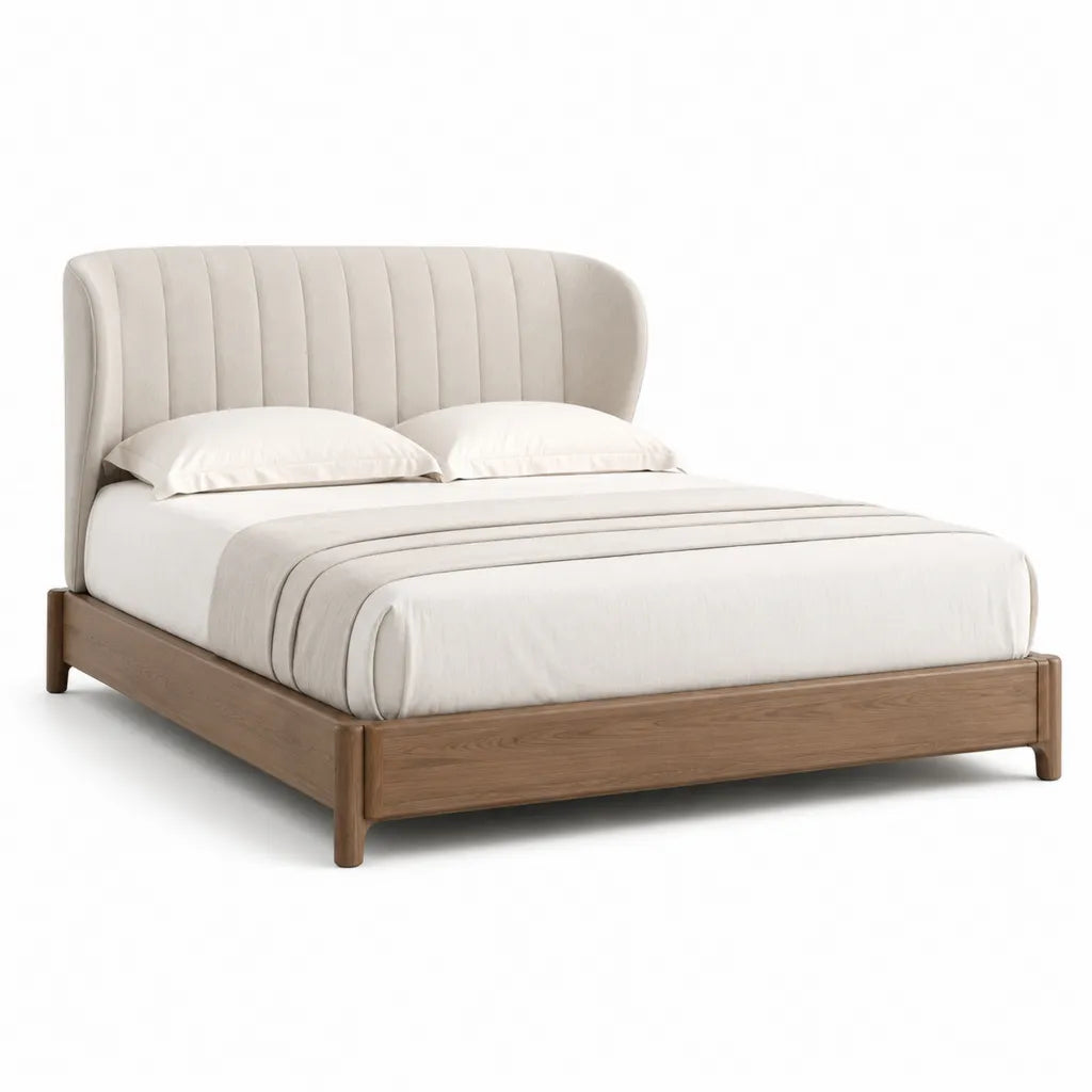 Polsterbett Doppelbett 160 x 200 cm mit Massivholzrahmen geschwungenem Kopfteil Creme Braun