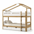 Hausbett Etagenbett 90 x 200 cm aus Kiefer-Massivholz und MDF in Naturweiß mit Leiter und 2 Schubladen