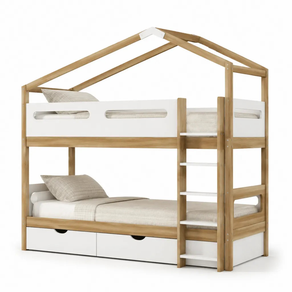 Hausbett Etagenbett 90 x 200 cm aus Kiefer-Massivholz und MDF in Naturweiß mit Leiter und 2 Schubladen