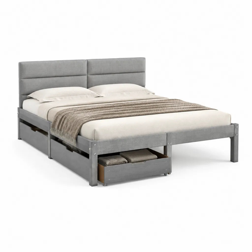 Doppelbett mit 3 Schubladen 160 x 200 cm Kiefer-Massivholz Polyester Grau