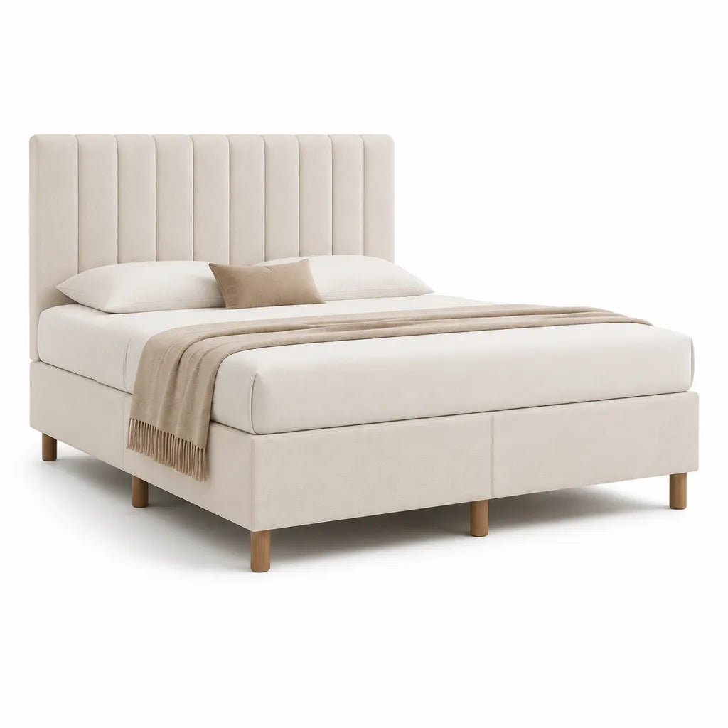 Polsterbett Doppelbett 180 x 200 cm mit Polyesterbezug und vertikal gestepptem Kopfteil Creme