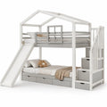 Kinder Hochbett 90 x 200 cm aus Kiefer Massivholz Hausbett mit Rutsche Treppe Stauraum Weiß Grau