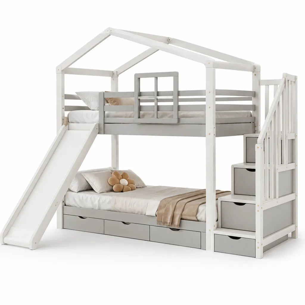 Kinder Hochbett 90 x 200 cm aus Kiefer Massivholz Hausbett mit Rutsche Treppe Stauraum Weiß Grau