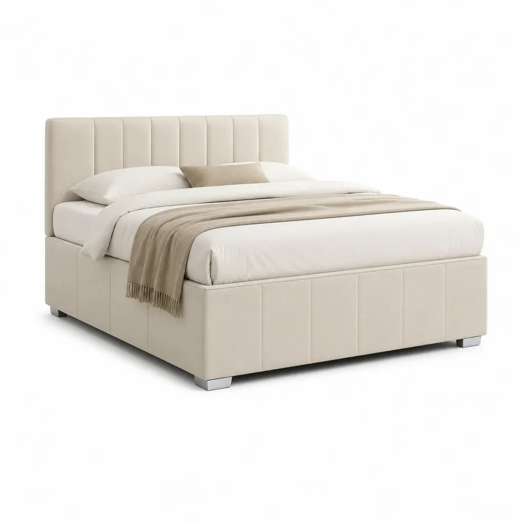 Polsterbett Doppelbett 160 x 200 cm Polyesterstoff Beige Rechteckig mit gepolstertem Kopfteil