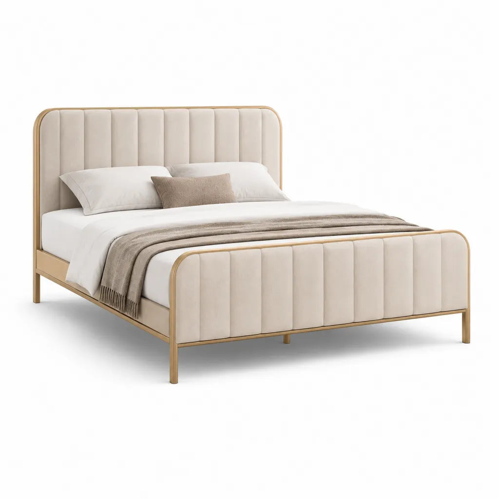 Polsterbett 160 x 200 cm mit Polyesterbezug und Massivholzrahmen in Beige