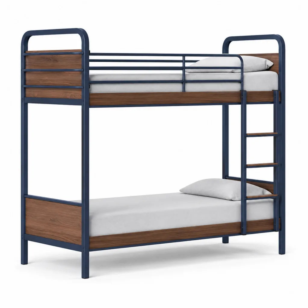 Etagenbett 90 x 200 cm aus pulverbeschichtetem Stahl und MDF in Walnussoptik Dunkelblau