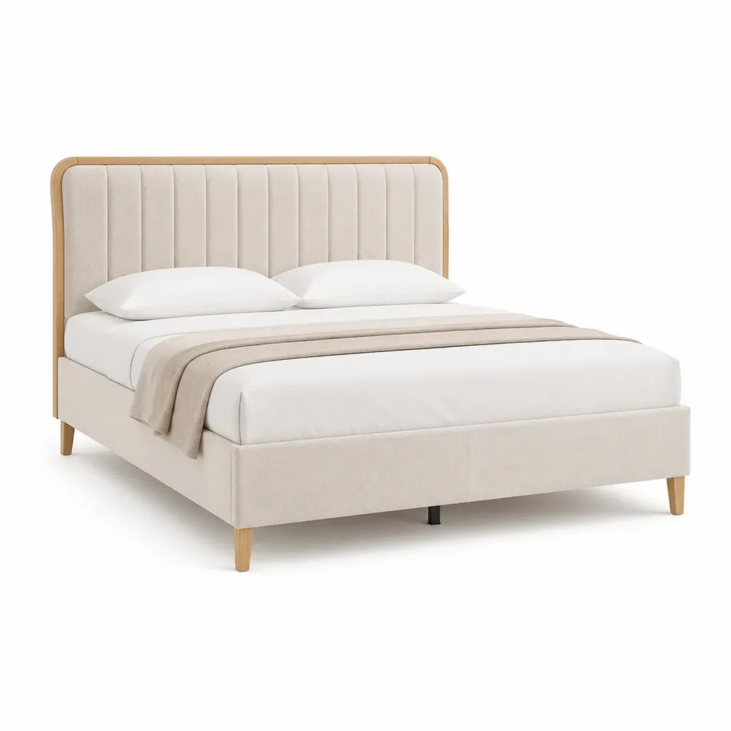 Polsterbett Doppelbett 160 x 200 cm mit Polyesterbezug Rechteckform Creme Naturholz