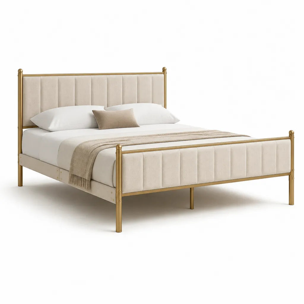 Polsterbett Doppelbett 160 x 200 cm Stahlgestell mit Polyesterbezug Beige Goldfarben