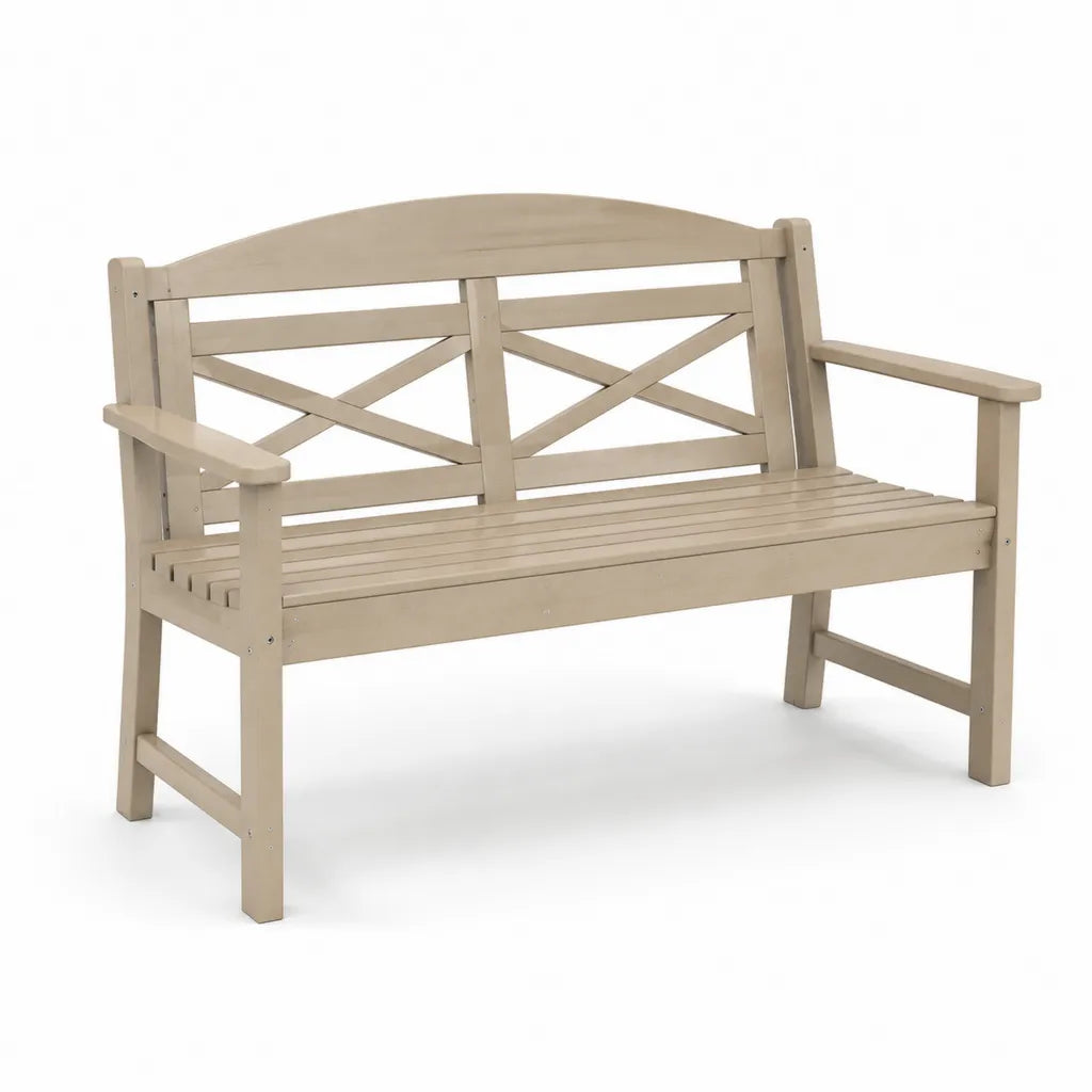 Gartenbank 2-Sitzer aus massivem Eukalyptusholz mit Armlehnen Kreuzrückenlehne Beige 120 x 60 x 89 cm