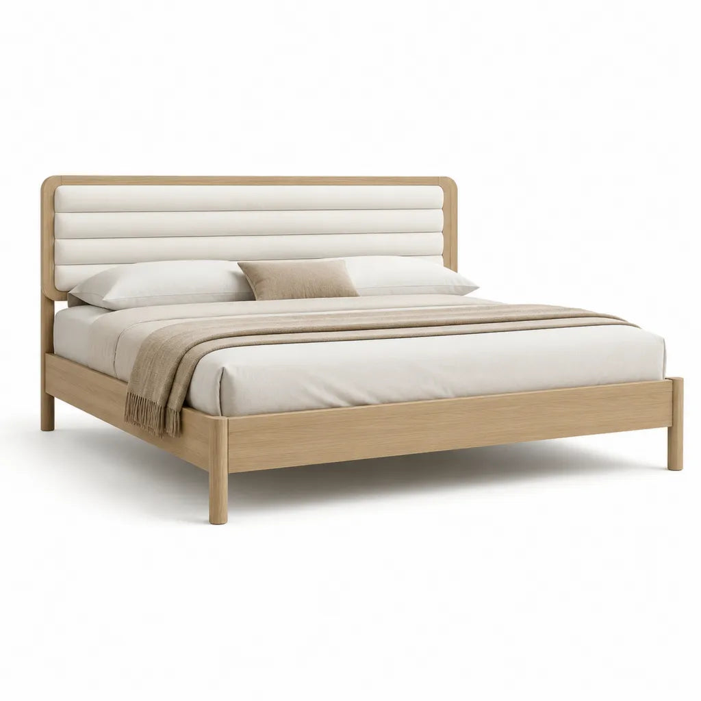 Doppelbett Bettgestell 180 x 200 cm aus massivem Eichenholz mit gepolstertem Kopfteil in Naturweiß