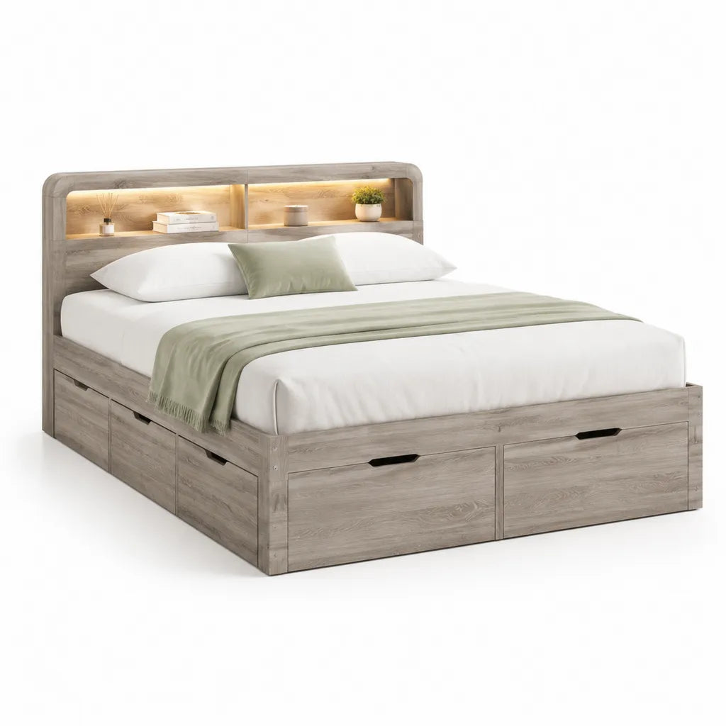 Stauraumbett Doppelbett 160 x 200 cm aus Spanplatte rechteckig in Grau mit LED Kopfteil und Schubladen