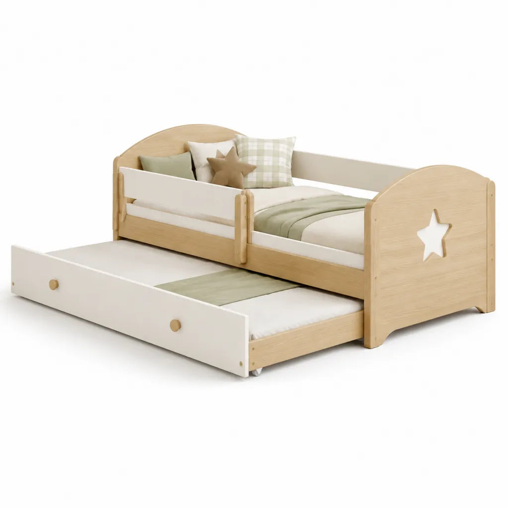 Kinderbett mit Ausziehbett 80 x 160 cm Kiefernholz MDF Weiß Natur Stern